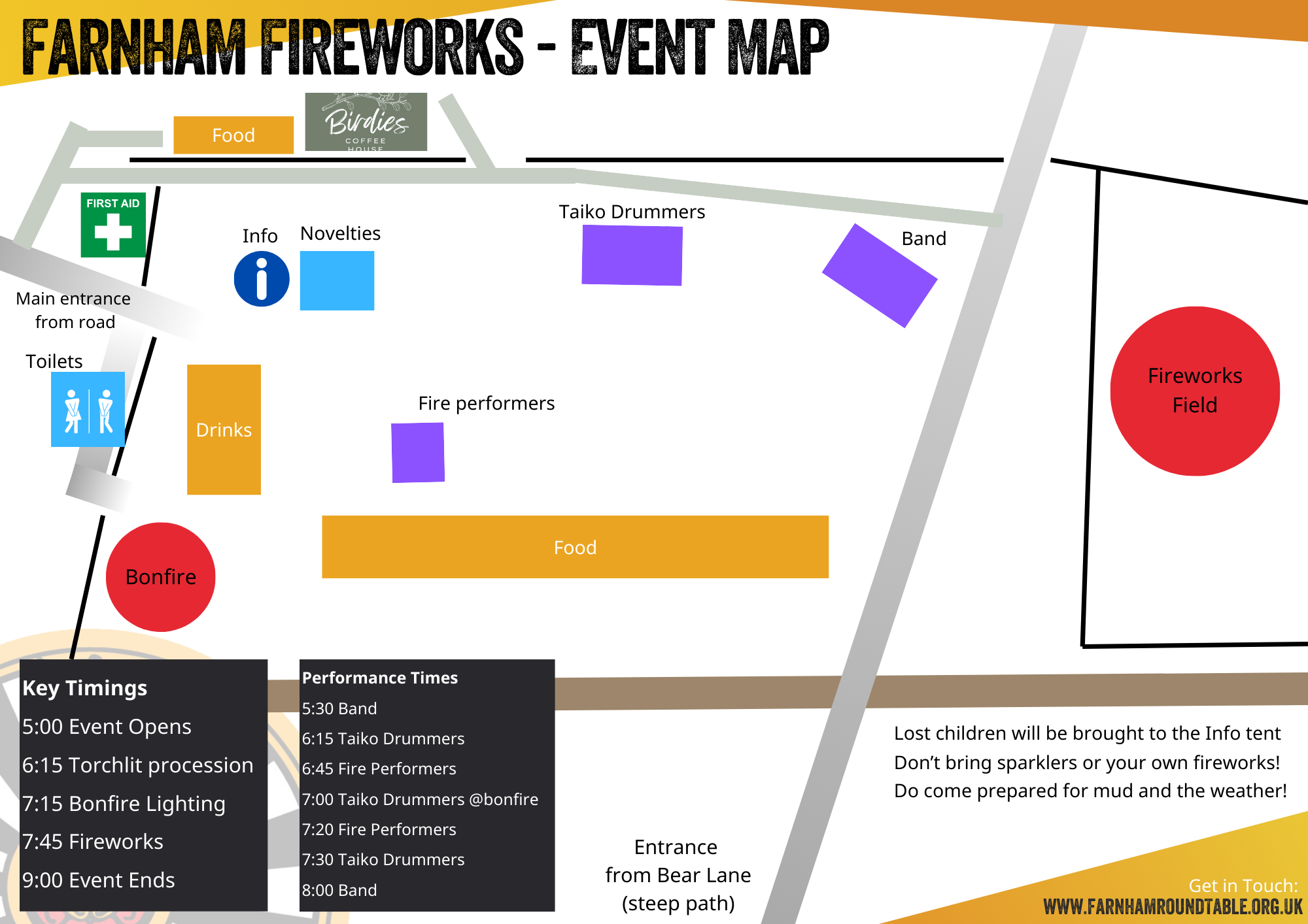 Map of Farnham Fireworks event layout, showing where food, performers, bonfire, fireworks, and amenities are located.